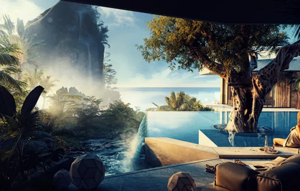 Rock, tree, waterfall, pool, Easy Slumber