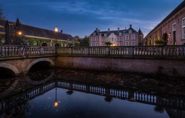 Lights, castle, the evening, Netherlands, Holland, Castle Ampsen