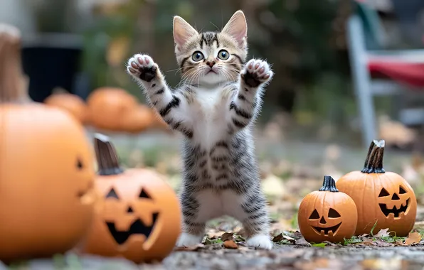 Autumn, cat, look, kitty, grey, holiday, legs, pumpkin