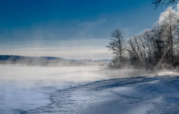 Winter, the sky, snow, trees, mountains, fog, lake, couples