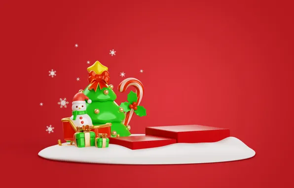Balls, snowflakes, rendering, star, Christmas, gifts, New year, snowman