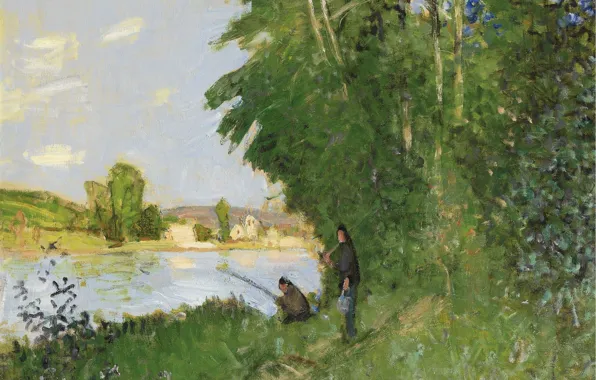 Nature, river, picture, Pierre Eugène Montesin, Pierre-Eugene Montezin, Landscape with Two Fishermen