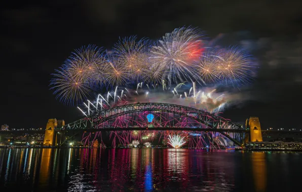 Night, bridge, the city, lights, Australia, Sydney, fireworks, Harbour Bridge
