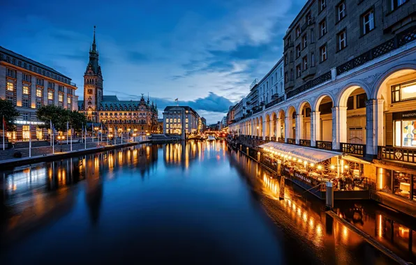 Picture lights, river, building, home, Germany, night city, promenade, Hamburg