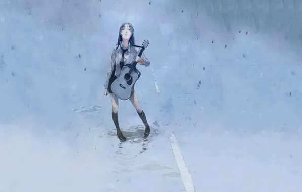 Road, girl, rain, guitar