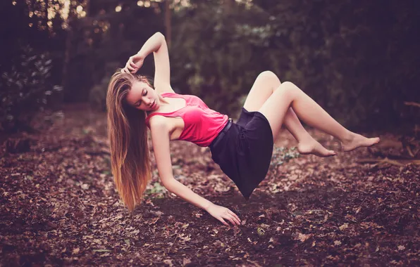Forest, girl, foliage, brown hair, levitation