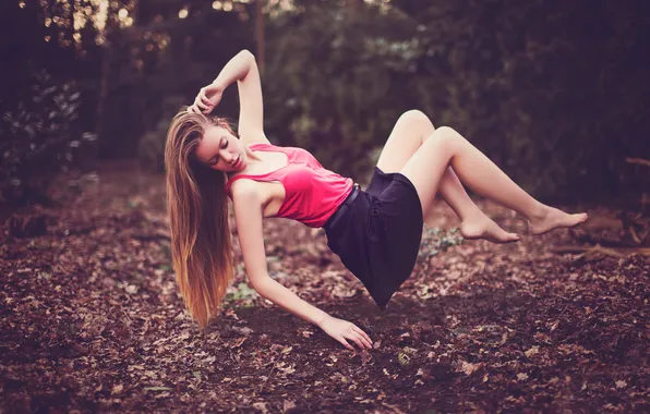 Picture forest, girl, foliage, brown hair, levitation