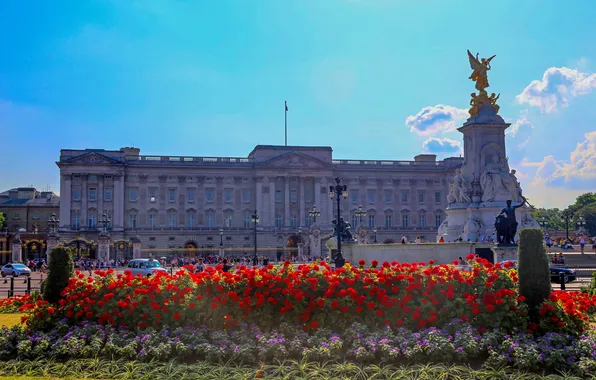 Picture the sky, flowers, England, London, monument, Buckingham Palace