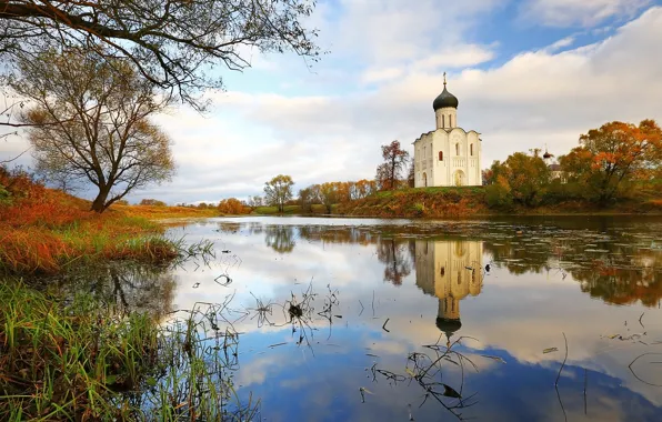 Autumn, landscape, nature, reflection, river, Church, temple, Bank