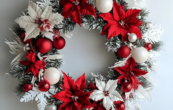 Balls, flowers, Christmas, New year, needles, wreath, Christmas star, AI art