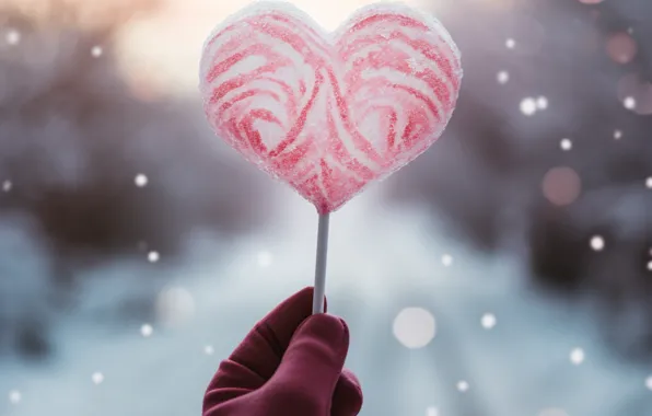 Winter, snow, love, holiday, heart, candy, Valentine's Day, Lollipop