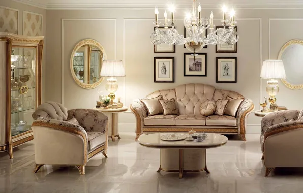 Sofa, gold, interior, mirror, chairs, chandelier, pictures, luxury