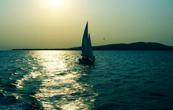 Sea, summer, sunset, sailboat, Crimea, blue space