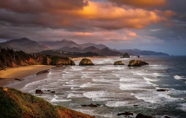 Sea, the sky, landscape, mountains, clouds, rocks, Oregon, USA