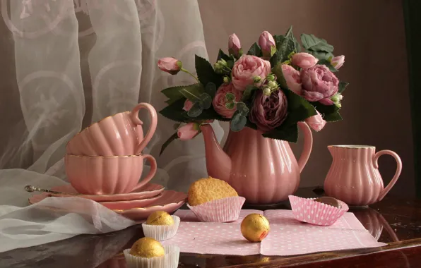 Flowers, roses, kettle, cookies, candy, the tea party, Cup, plates