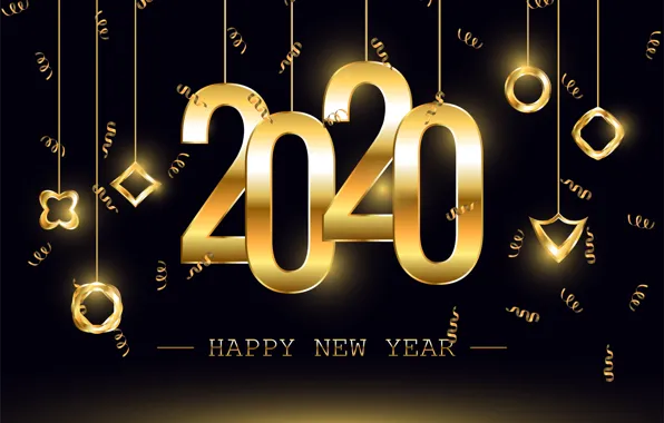 New year, golden, black background, black, background, New Year, decoration, 2020