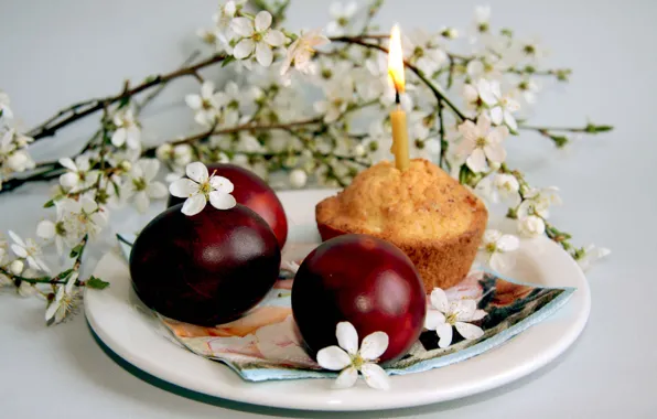 Flowers, branches, cherry, holiday, candle, eggs, spring, plate