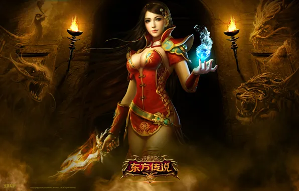 Picture girl, tiger, fog, weapons, flame, magic, dragon, tunnel