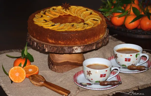 Coffee, Cup, cake, cakes, spices, tangerines