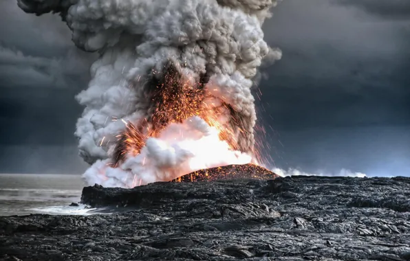 Picture the ocean, the volcano, the eruption, lava, Hawaii