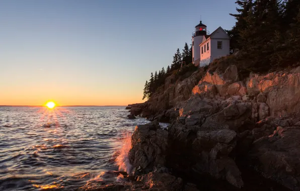 Wave, sunset, rocks, shore, lighthouse, USA, Bass Harbor Head Light, Bass Harbor Head Light