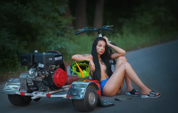 Road, girl, pose, feet, helmet, long hair, Angelina Sorokina, Alexander Drobkov-Dark