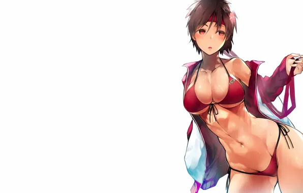 Girl, sexy, cleavage, brown hair, boobs, anime, beautiful, red eyes