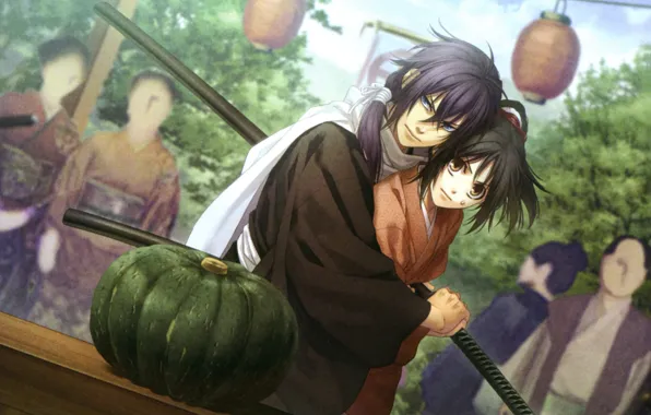 People, katana, pumpkin, two, art, Demons pale cherry, Yukimura Chizuru, Saitou Hajime
