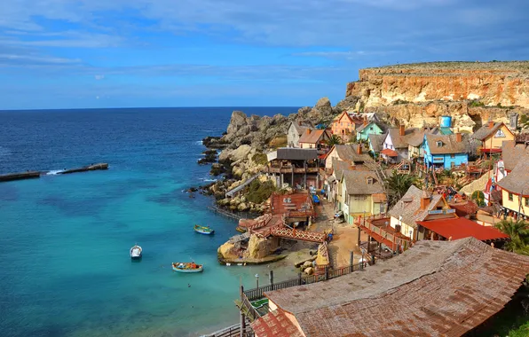 Picture sea, the sky, rock, home, the village, Malta, Anchor Bay