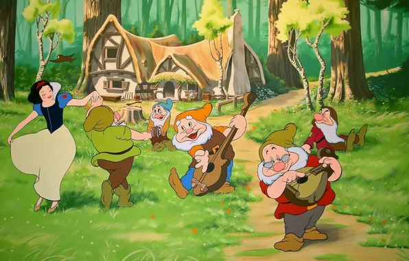 Forest, house, cartoon, dancing, snow white and the seven dwarfs, disney, disney