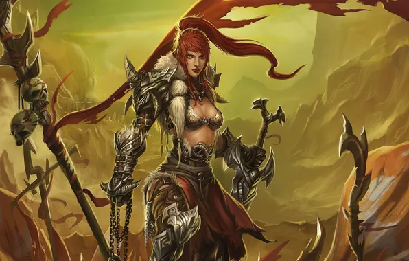 Girl, mountains, sword, armor, flag, fan art, Red Sonja, Diablo style