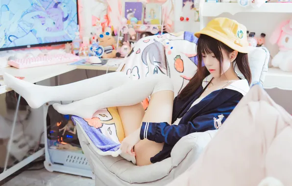 Beautiful, Asian, Model, Woman, Sofa, Cute, Jacket, Pretty