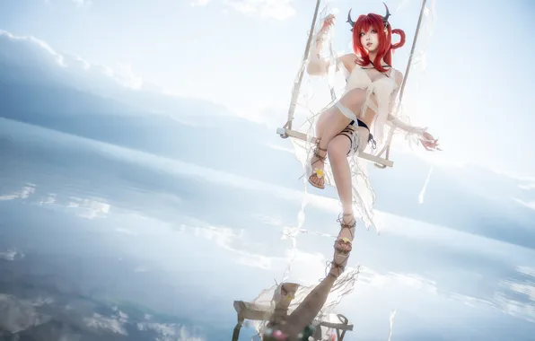 Picture model, women, redhead, cosplay, sitting, bent legs, looking away, Arknights