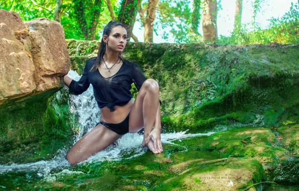 The sun, trees, sexy, pose, stream, stones, model, panties