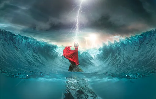 Wave, girl, lightning