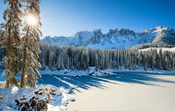 Picture winter, forest, snow, mountains, Italy, Italy, The Dolomites, Lake Carezza