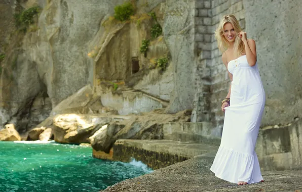 Picture water, girl, smile, stones, white, model, dress, actress