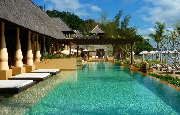 Palm trees, the ocean, pool, resort, Malaysia, Borneo, Gaya Island Resort