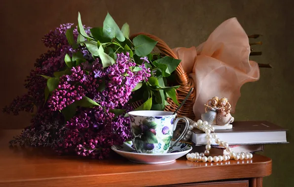 Table, bouquet, spring, Cup, pearl, beads, book, figurine