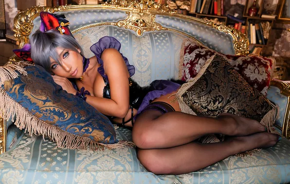 Sofa, books, stockings, pillow, costume, image, ears, cosplay