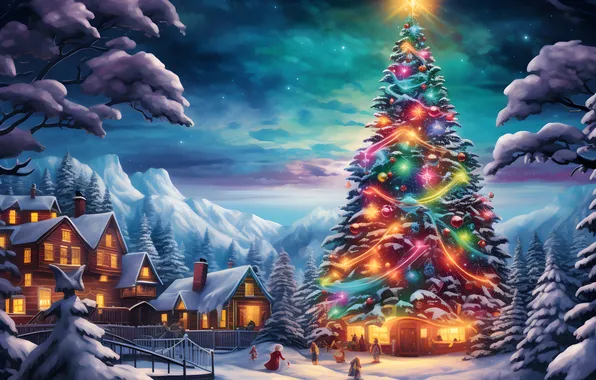 Picture Home, Winter, The evening, Snow, Christmas, New year, Tree, Toys