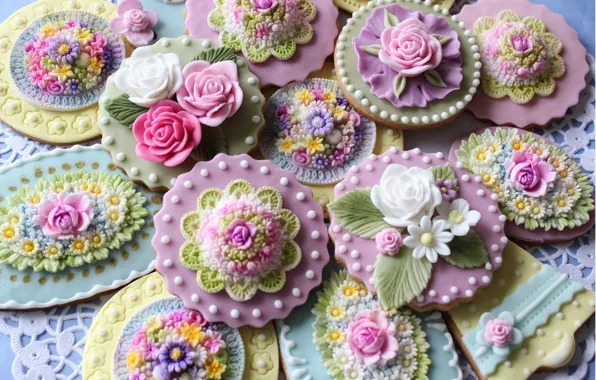 Decoration, flowers, cookies, cakes, sweet, glaze, beads