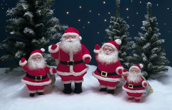 Stars, tree, Snow, tree, Santa Claus, Santa Claus, Christmas decorations