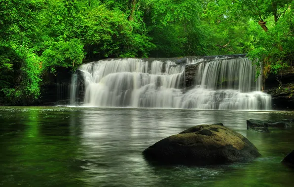 Greens, summer, river, shore, foliage, stone, waterfall, cascade