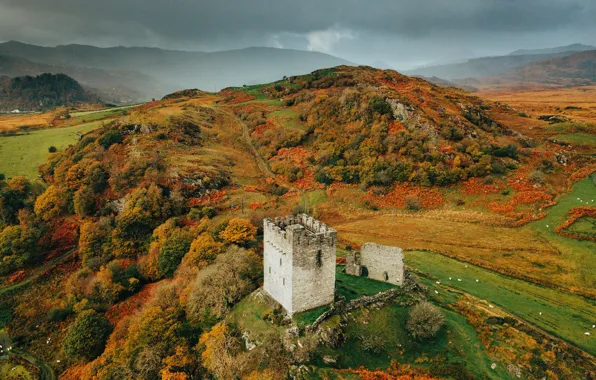 Autumn, mountains, castle, hills, ruins
