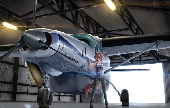 Girl, anime, art, hangar, helicopter, tail, ears, dreadtie