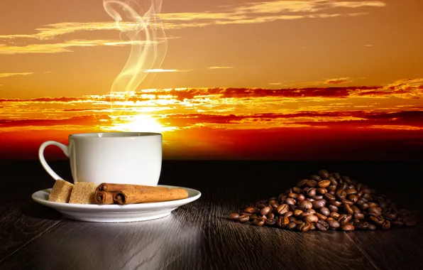 Picture coffee, grain, Cup, sky, sunset, clouds, sun, coffee