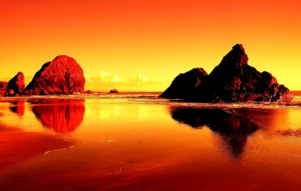 Sea, the sky, sunset, stones, rocks, glow