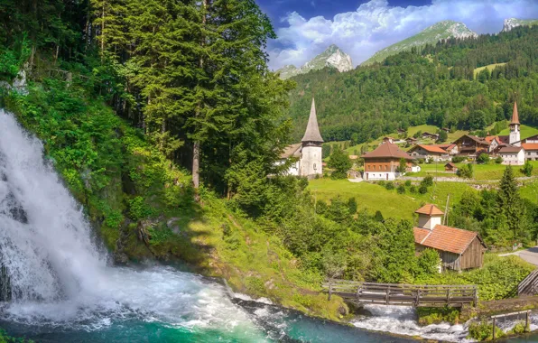 Picture forest, river, waterfall, home, Switzerland, valley, village, Switzerland