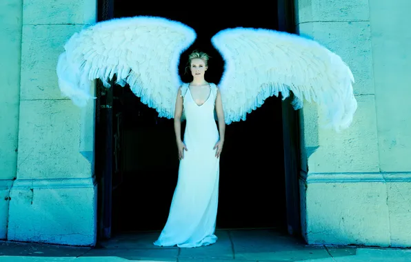 Wings, angel, figure, dress, actress, hairstyle, blonde, in white
